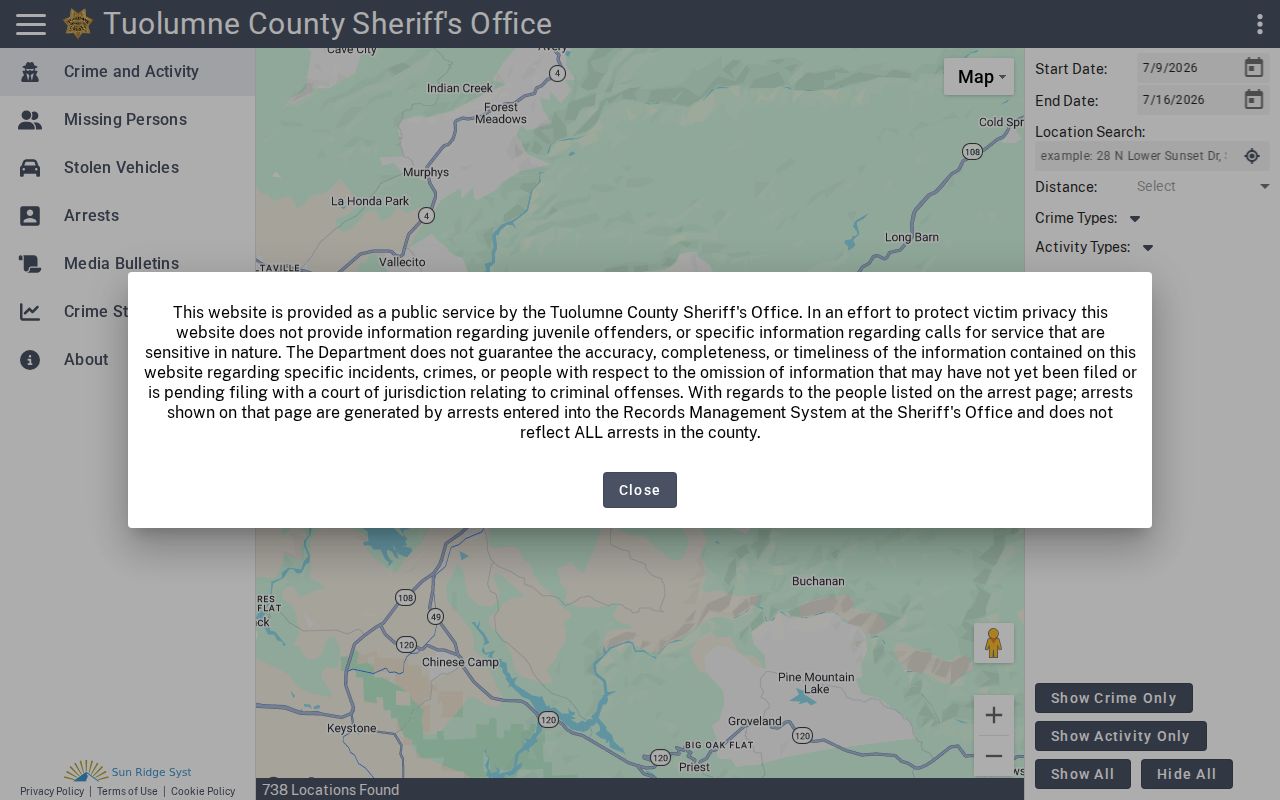 Tuolumne County arrest search Sheriff Citizen RIMS