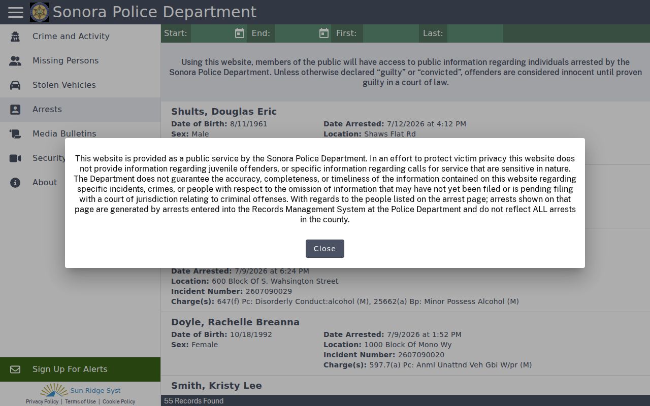 Tuolumne County arrest records Sonora Police Citizen RIMS