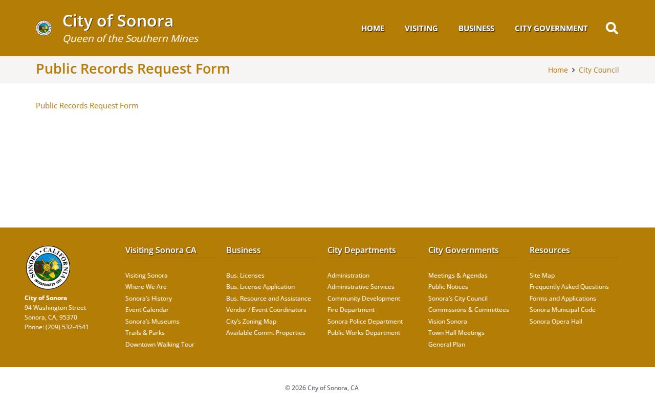 Sonora criminal history city public records request page