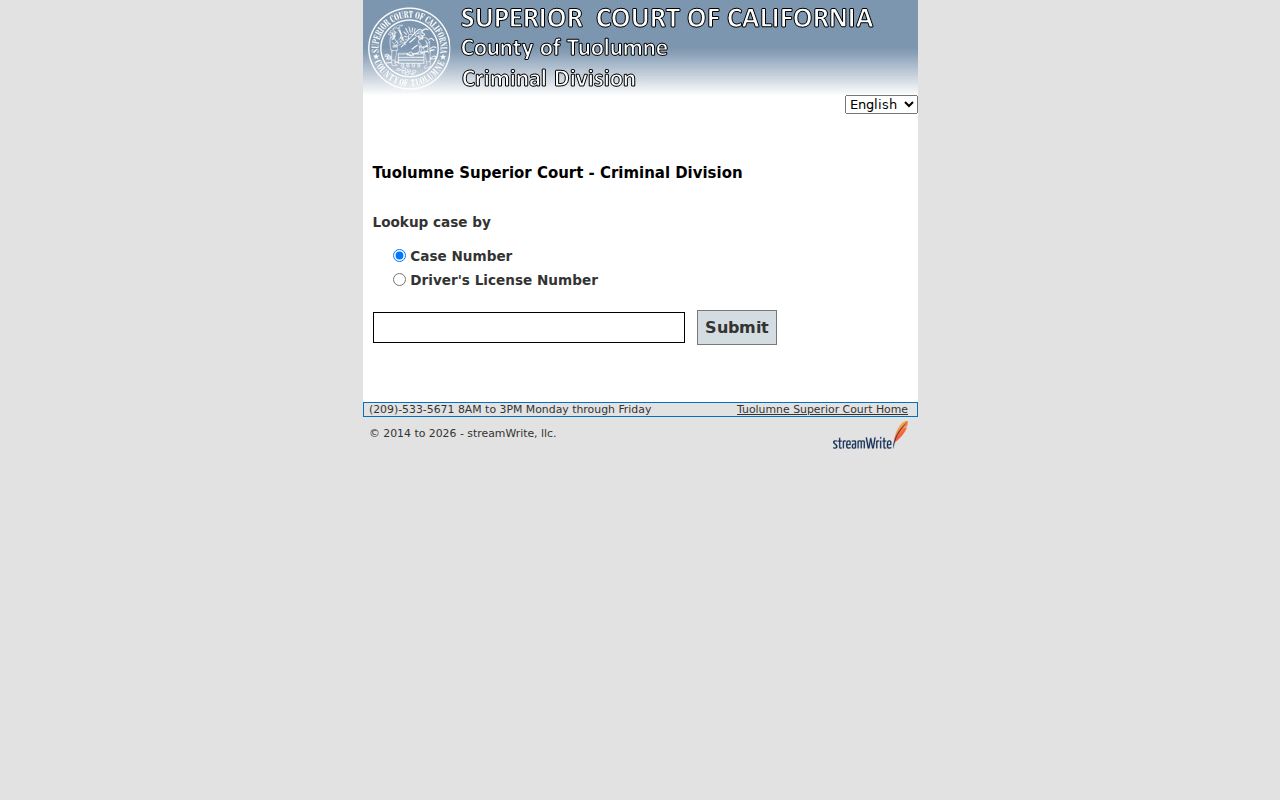 Tuolumne County criminal court case number lookup