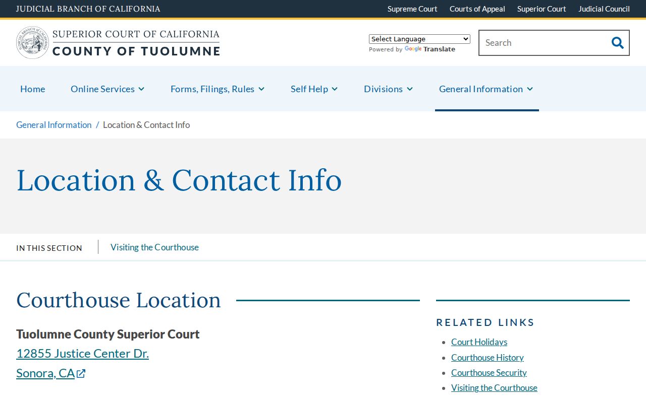 Tuolumne County court case records Justice Center contact page