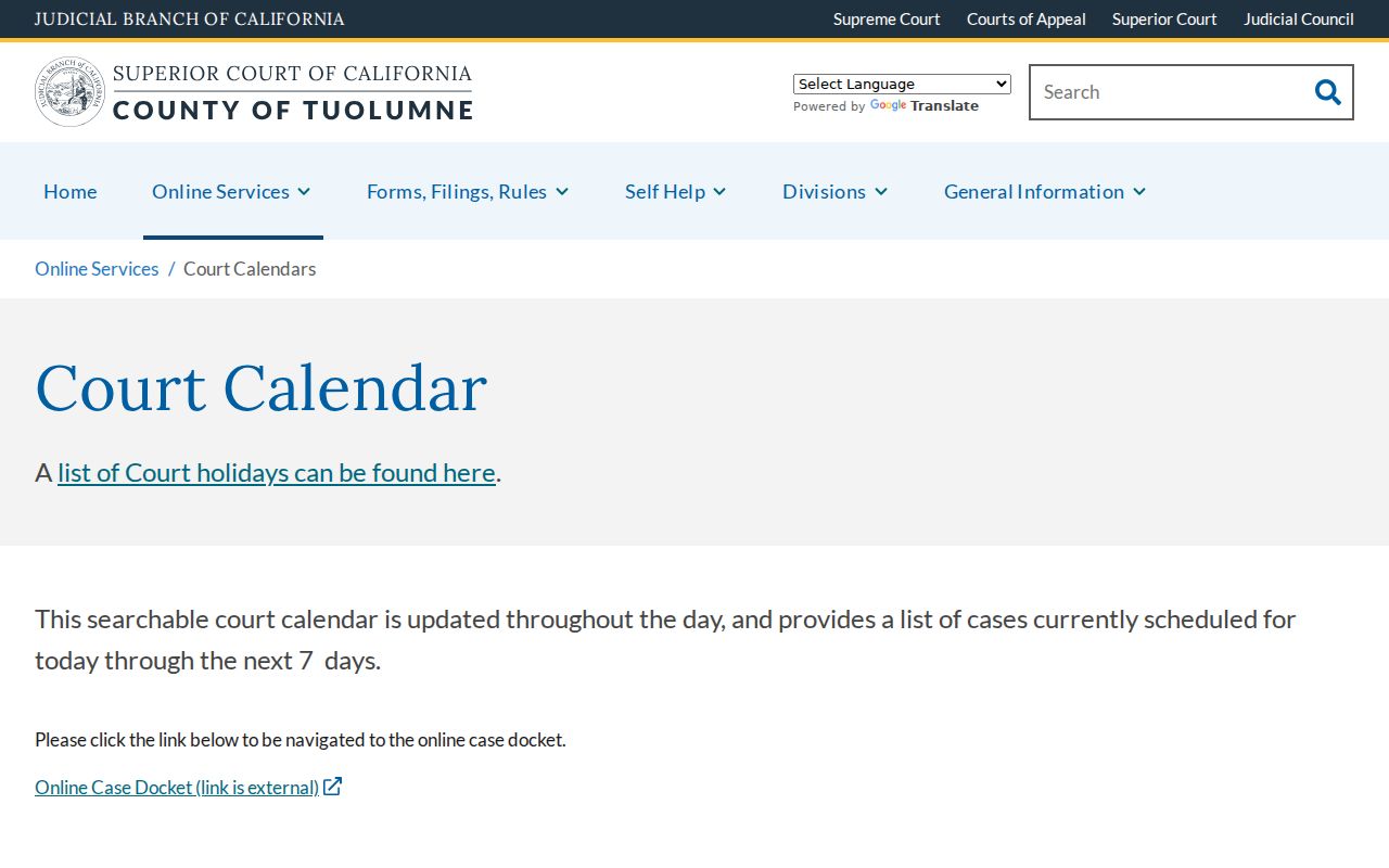 Tuolumne County searchable criminal court calendar