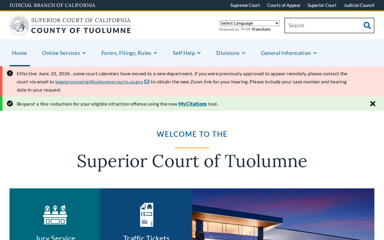Tuolumne County criminal history Superior Court homepage